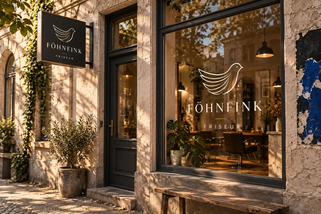 Schaufenster und Schild, erfundene Marke