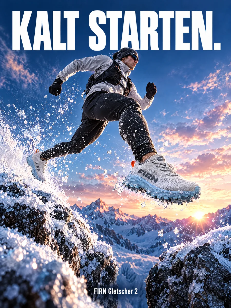 Plakat: Läufer springt über Fels im Schnee, Schlagzeile KALT STARTEN.