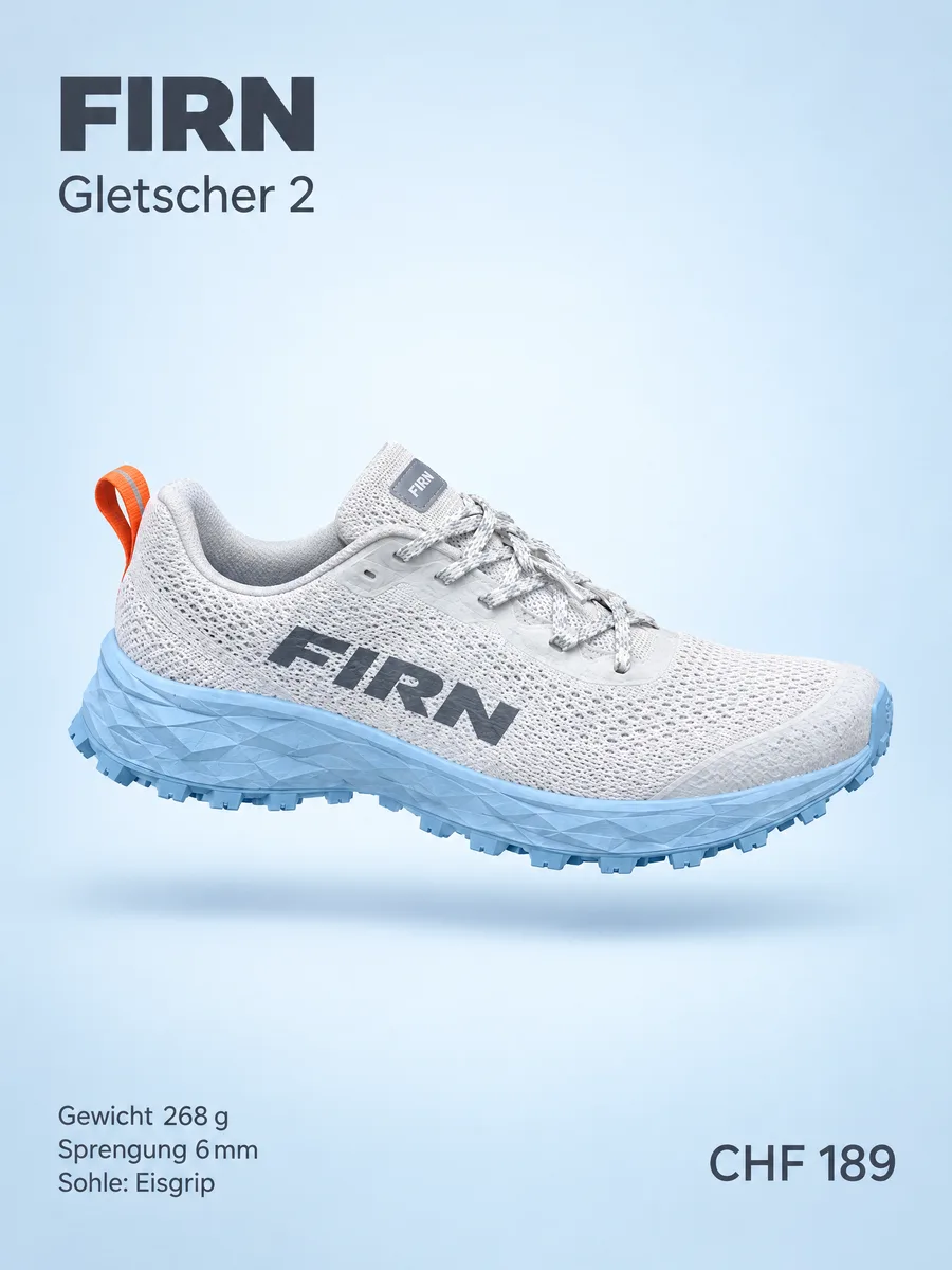 Katalogseite: Schuh freigestellt auf eisblauem Grund mit Gewicht, Sprengung und Preis