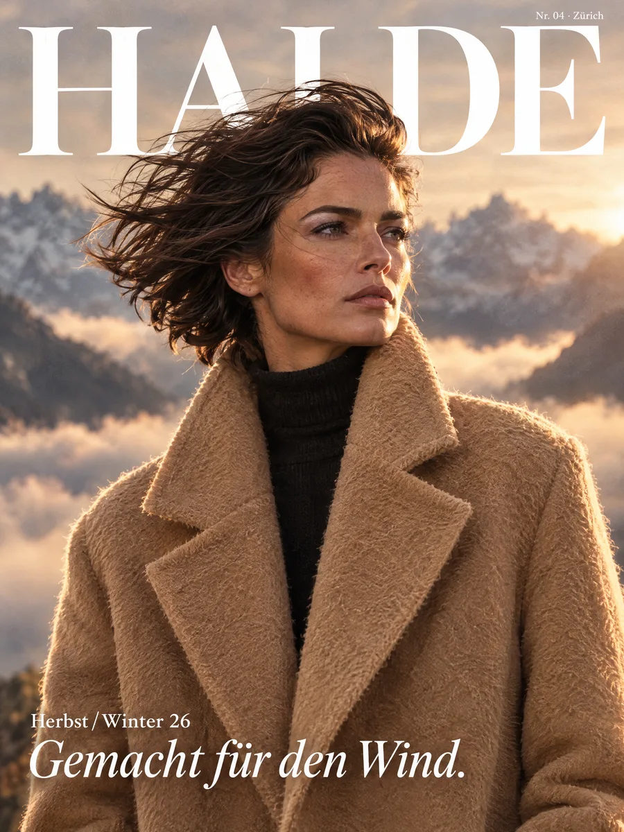Titel des Lookbooks: Frau im Kamelhaarmantel im Bergwind, Schriftzug HALDE