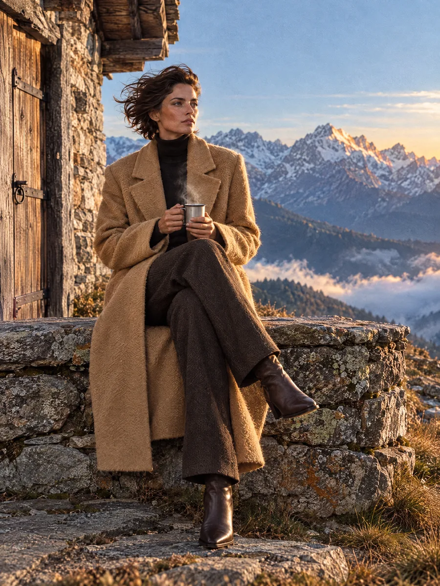 Dieselbe Frau im Mantel auf der Mauer einer Alphütte mit Kaffeebecher