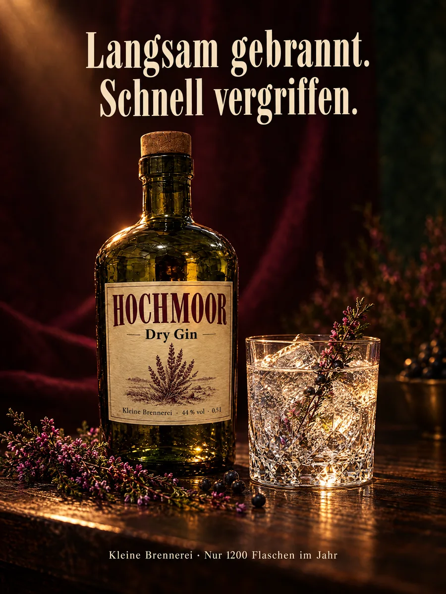 Anzeige: Flasche auf dunkler Bar, Schlagzeile Langsam gebrannt. Schnell vergriffen.