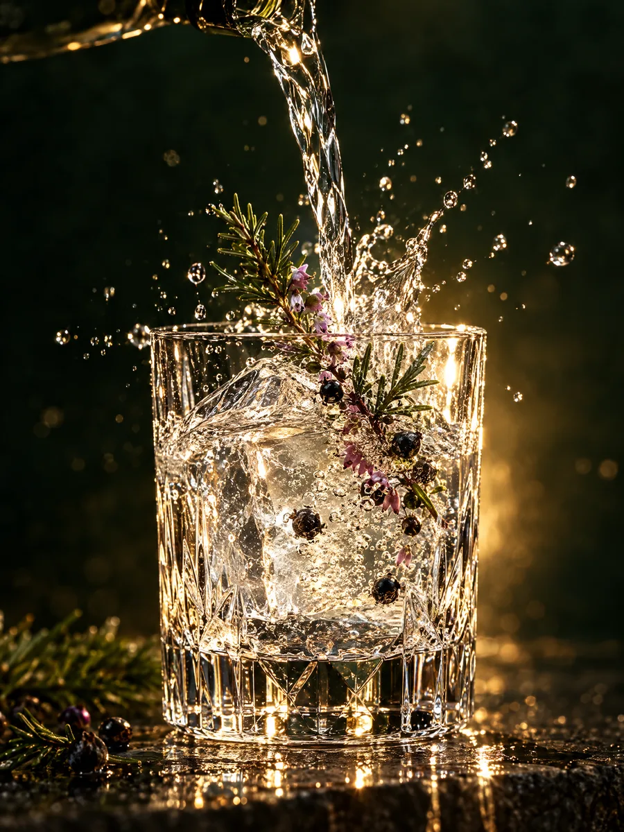 Gin wird über einen Eisblock ins Glas gegossen, Wacholderzweig fällt hinein