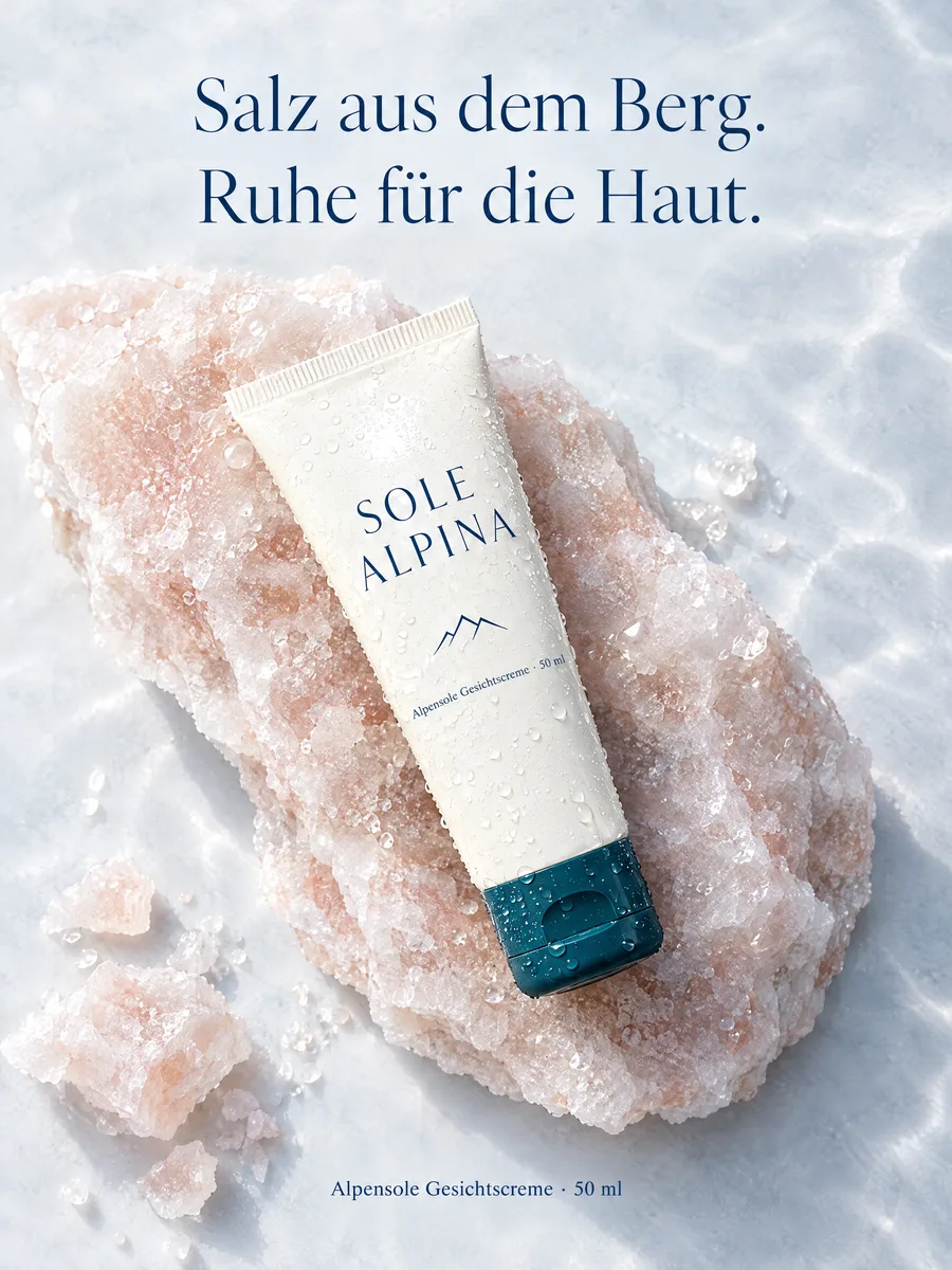 Anzeige: Tube auf rosa Steinsalz, Schlagzeile Salz aus dem Berg. Ruhe für die Haut.
