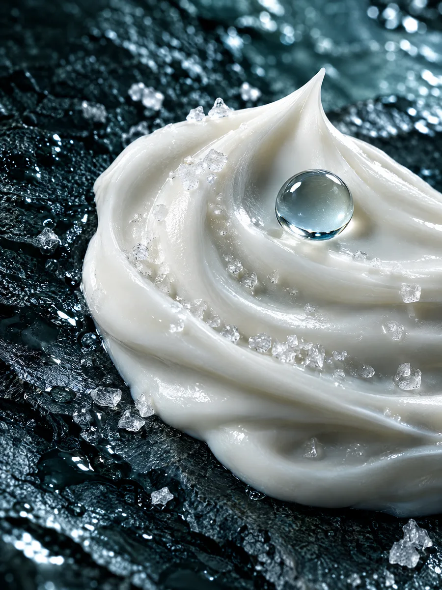 Makroaufnahme der Creme mit Salzkristallen und einem Wassertropfen