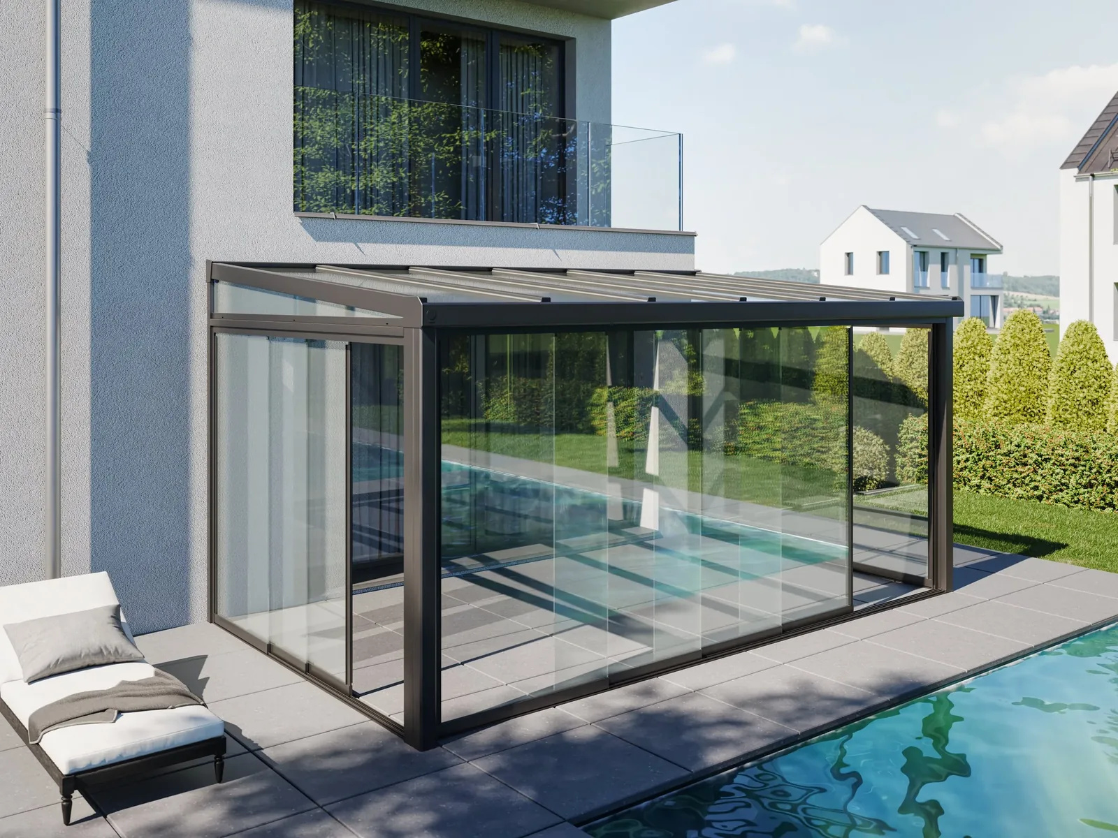 Glasbau am Pool, für einen Hersteller von Wintergärten.