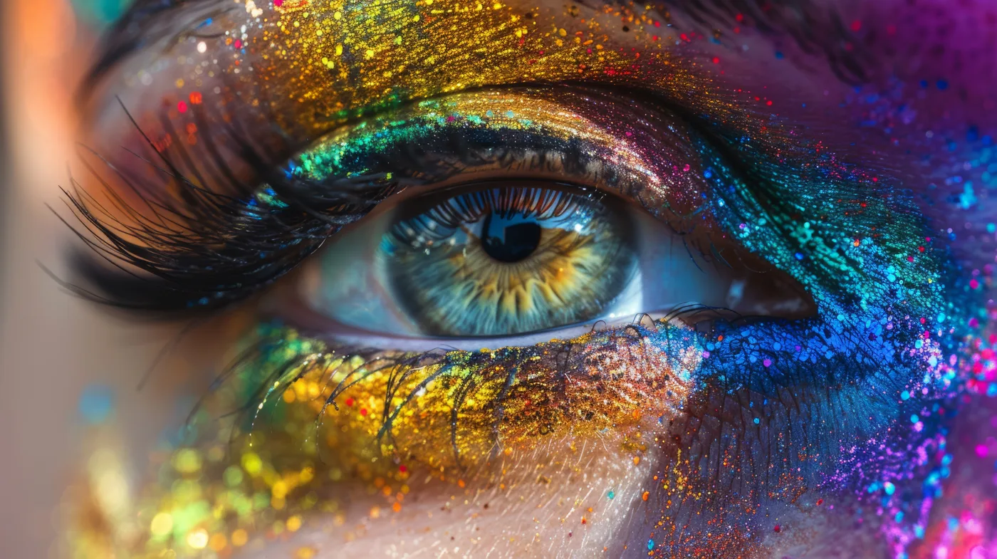 Ein Auge voller Farbe, aus mehreren Bildern zu einem zusammengesetzt.