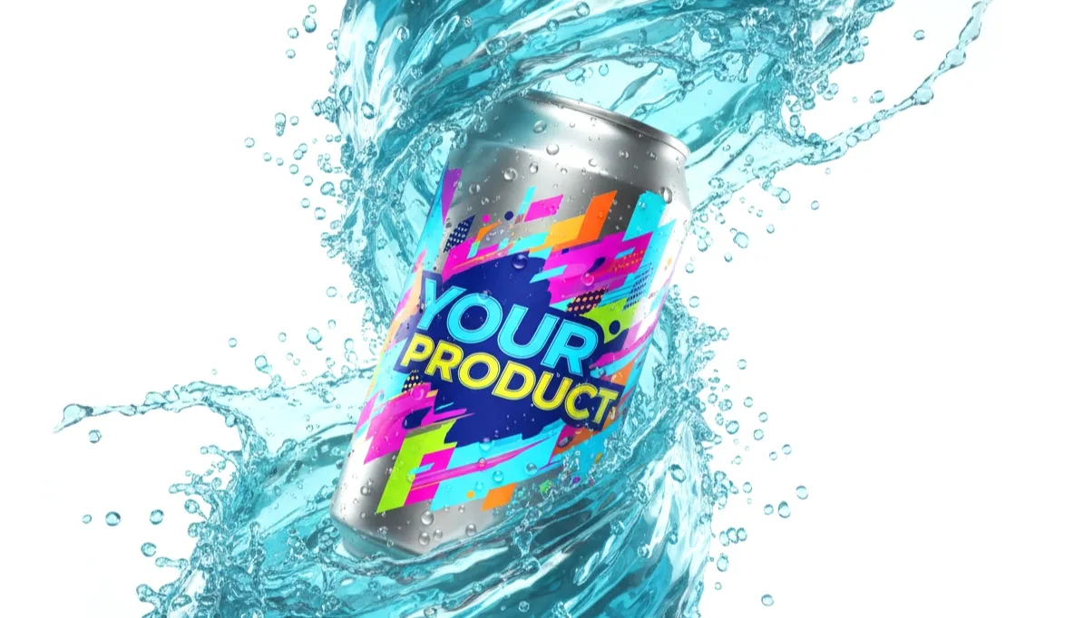 Eine Dose in einem Wasserstrudel. Die KI liefert die Welle, der Feinschliff passiert in Photoshop.