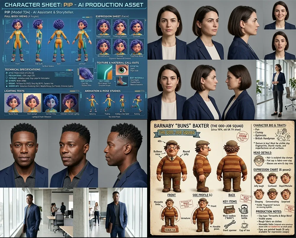 Figurenblätter, damit jede Person in jeder Szene gleich aussieht. So bleibt ein KI-Film stimmig.