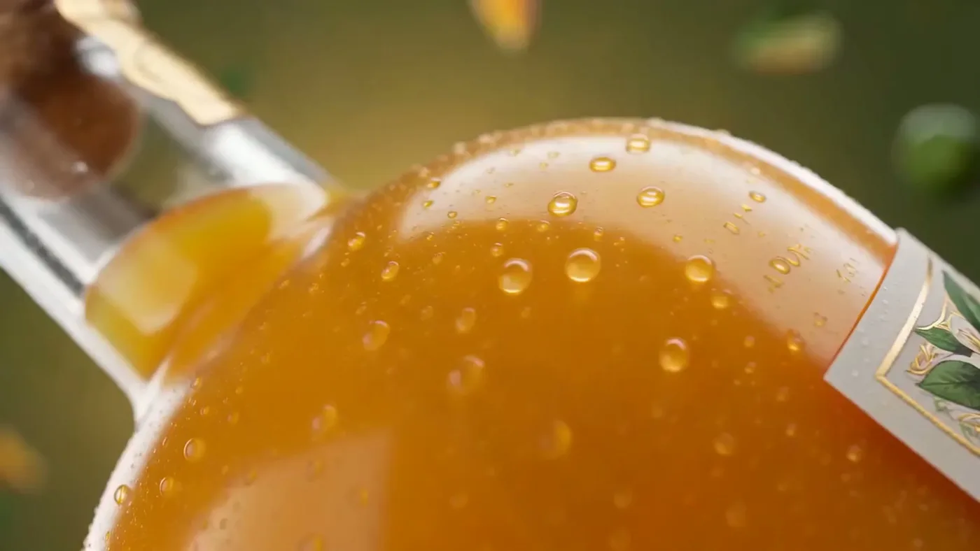 Eine Flasche im Gegenlicht, mit Tropfen und Wärme. Gemacht für Werbespot und Anzeige.