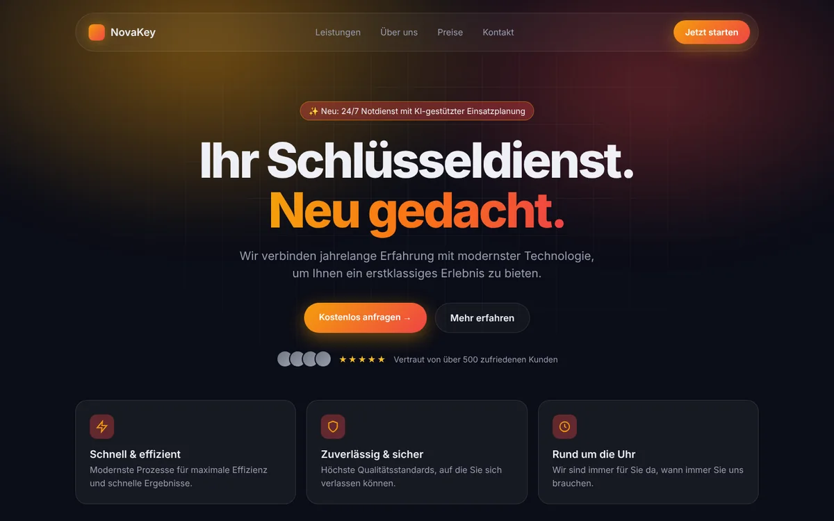 So baut ein KI-Baukasten eine Webseite für einen Schlüsseldienst: dunkler Verlauf, Neu gedacht, drei Symbolkästen