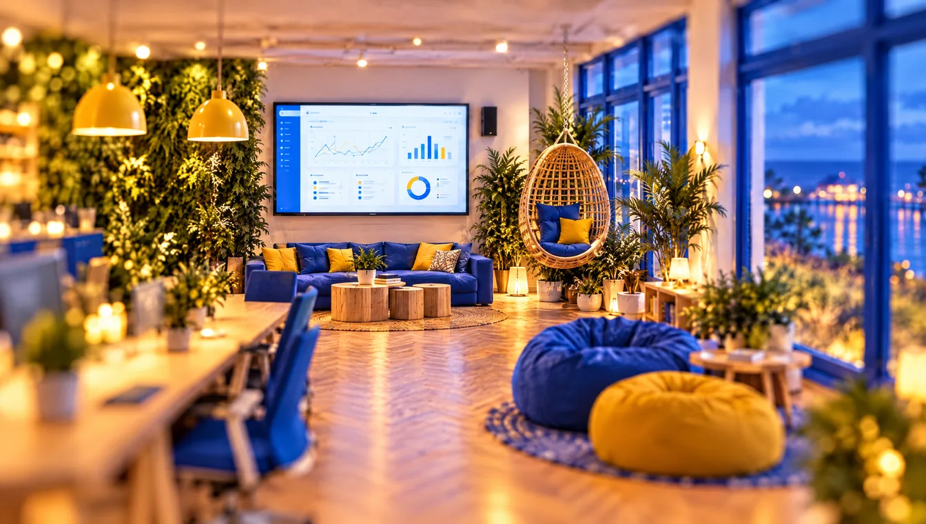 Der Maschinenraum: grosser Bildschirm mit Dashboard, Pflanzenwand und Blick aufs Meer