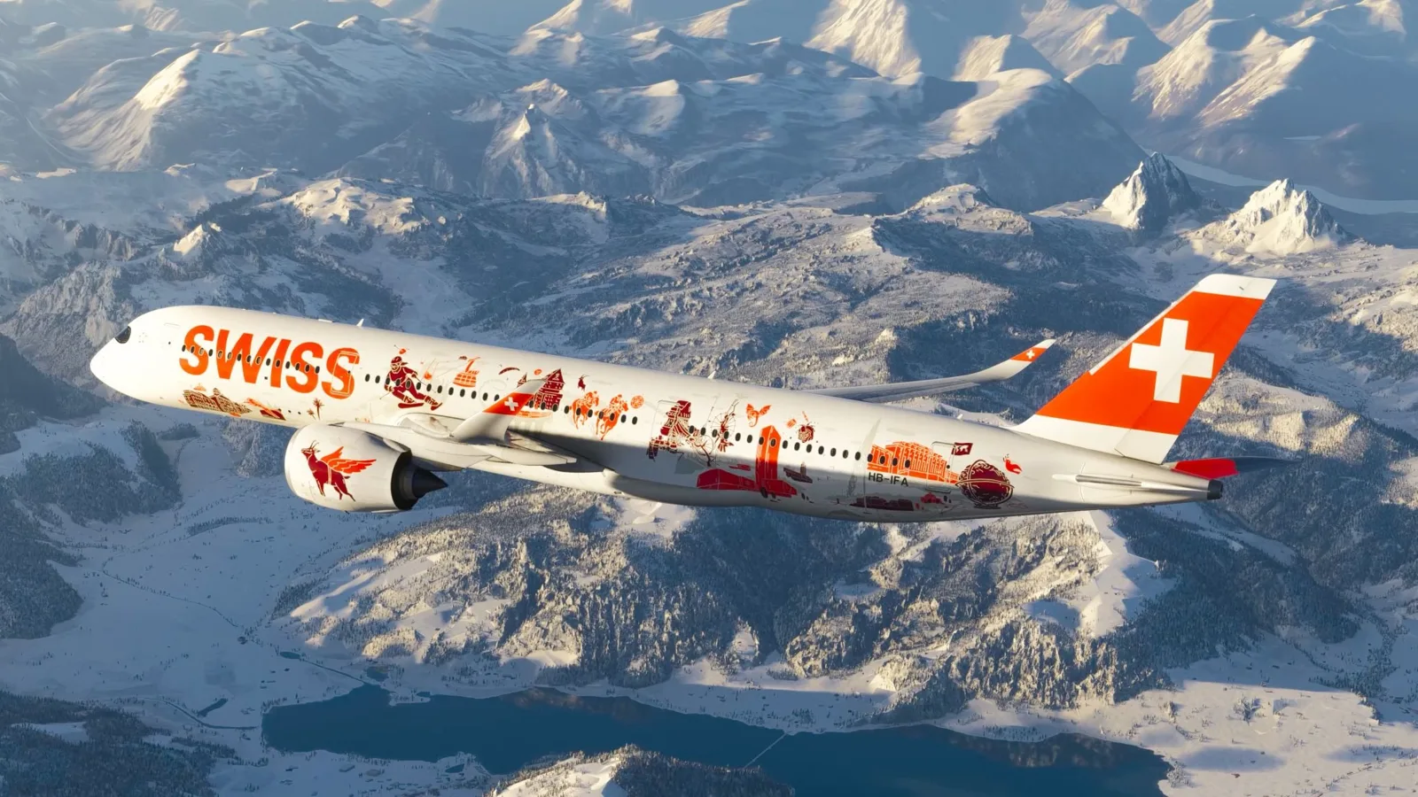 Airbus A350 der SWISS mit roter Illustration auf dem Rumpf über verschneiten Alpen