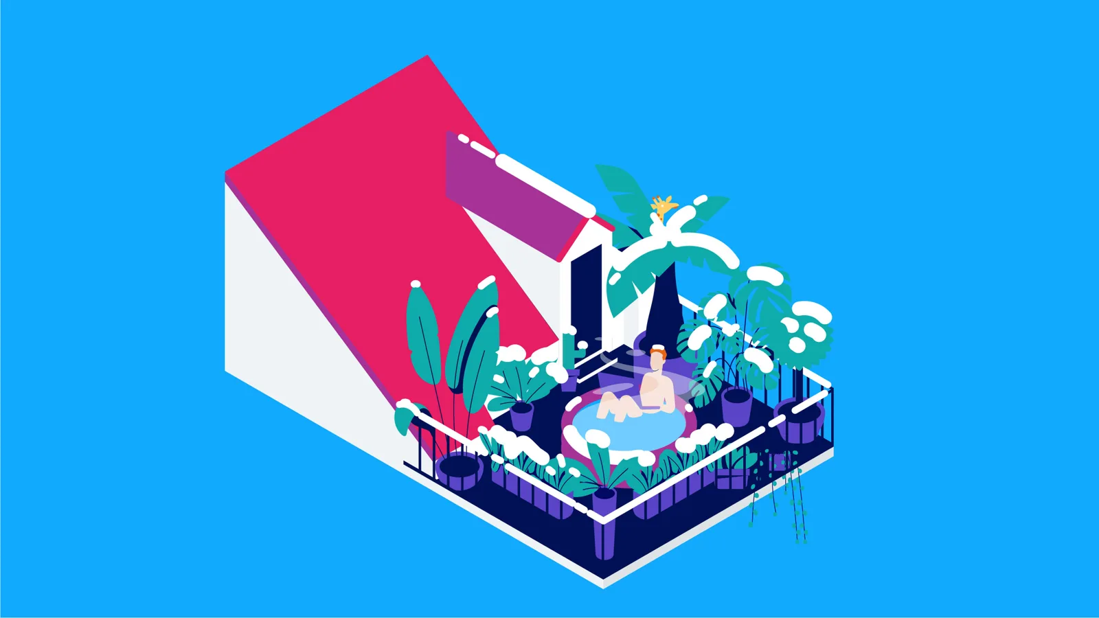 Isometrische Illustration einer Dachterrasse mit Pflanzen in Swisscom-Farben