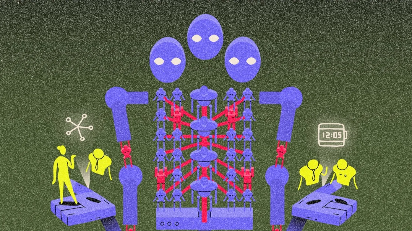 Blaue Roboter und gelbe Figuren auf einem Spielbrett, gezeichnet mit Körnung
