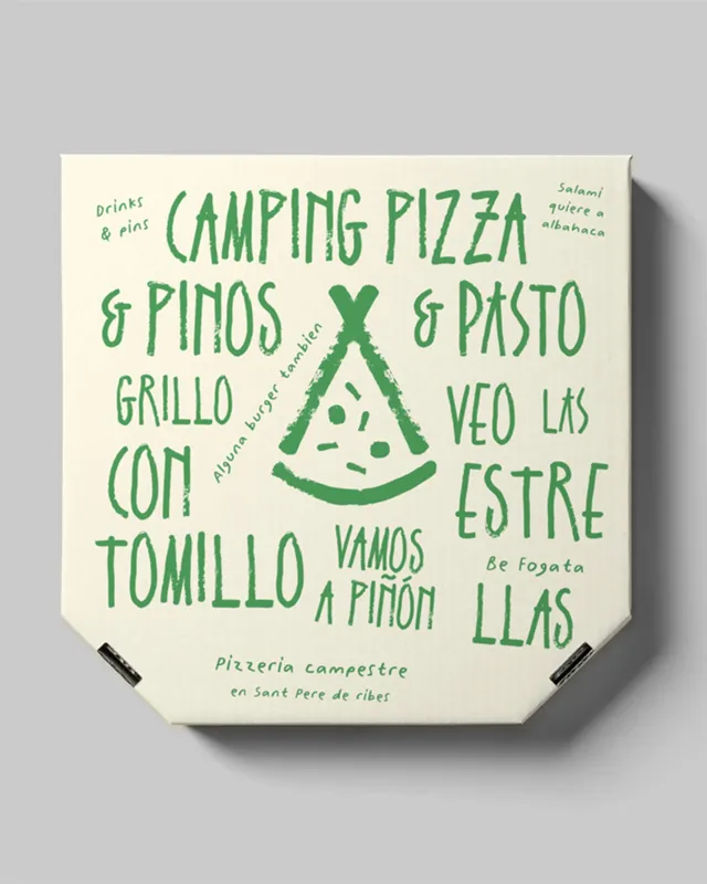 Pizzakarton mit grüner, handgeschriebener Schrift