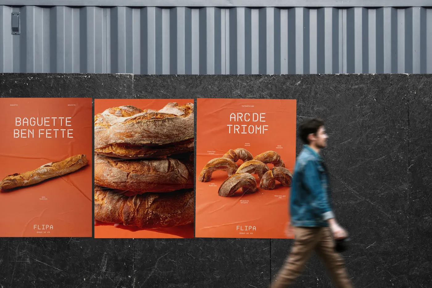 Orange Plakate mit Brotfotos an einer Wand