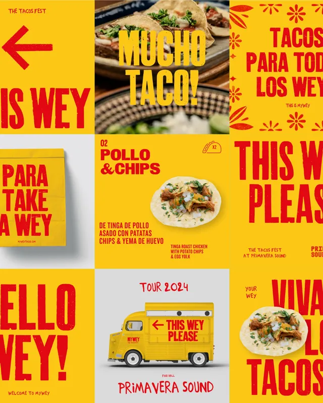 Gelb-rote Plakate mit Sprüchen rund um Tacos