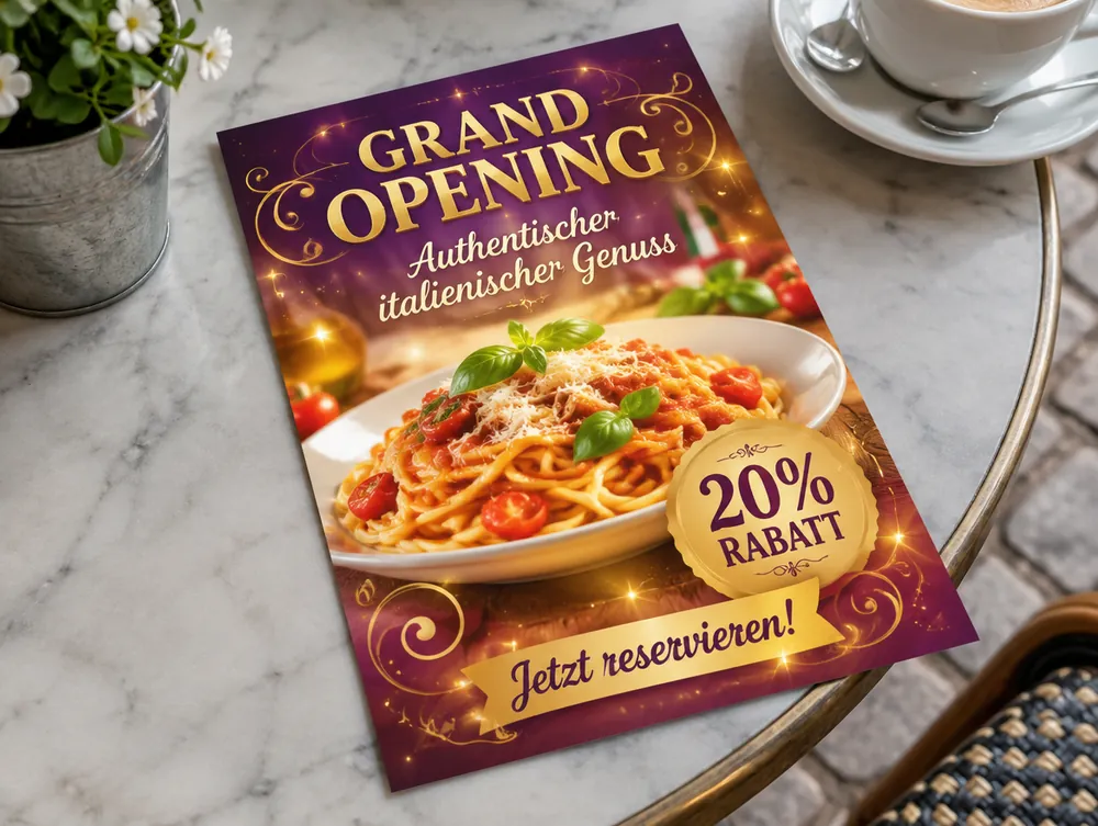 Typischer KI-Flyer eines Restaurants mit Goldschnörkeln