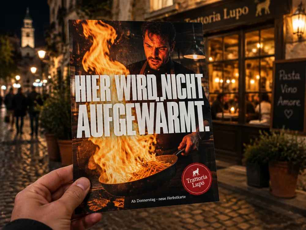 Unser Flyer: Hier wird nicht aufgewärmt. Der Koch hinter der Flamme.