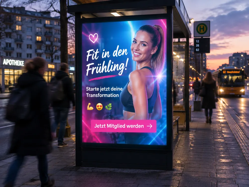 Typisches KI-Plakat eines Fitnessstudios an der Bushaltestelle